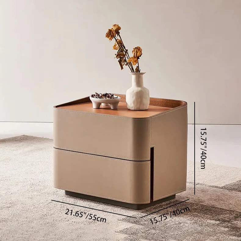 Modern Luxury Saddle-Style Faux Leather Solid Wood Rounded Square Nightstand With 2 Drawers For Bedroom