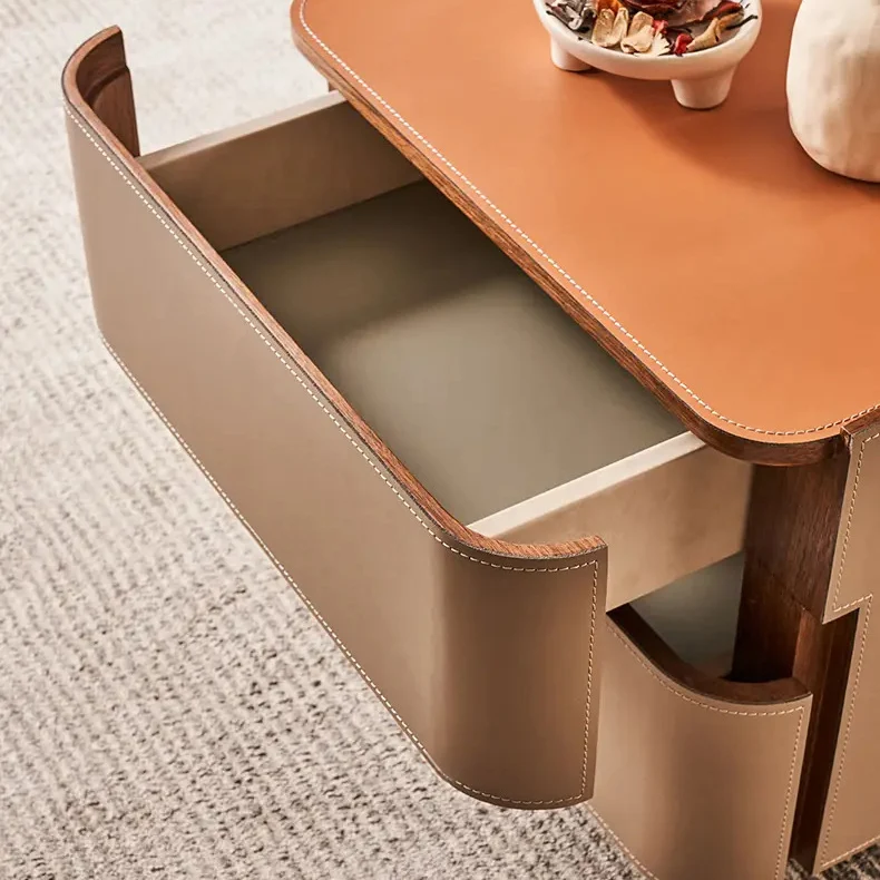 Modern Luxury Saddle-Style Faux Leather Solid Wood Rounded Square Nightstand With 2 Drawers For Bedroom