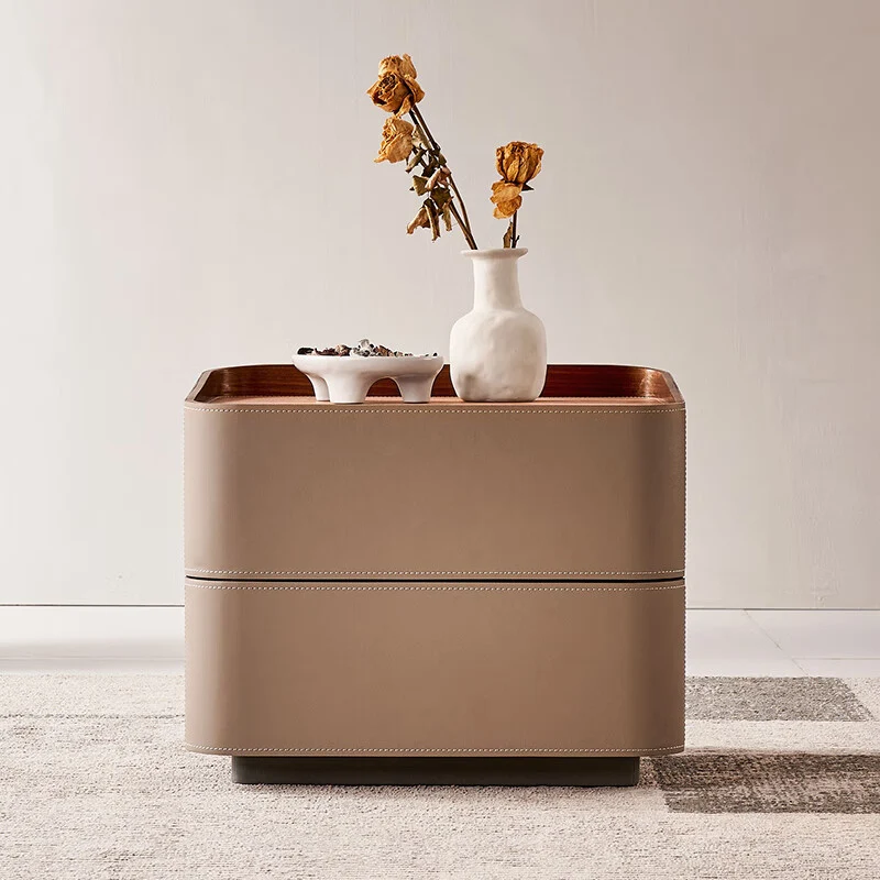 Modern Luxury Saddle-Style Faux Leather Solid Wood Rounded Square Nightstand With 2 Drawers For Bedroom