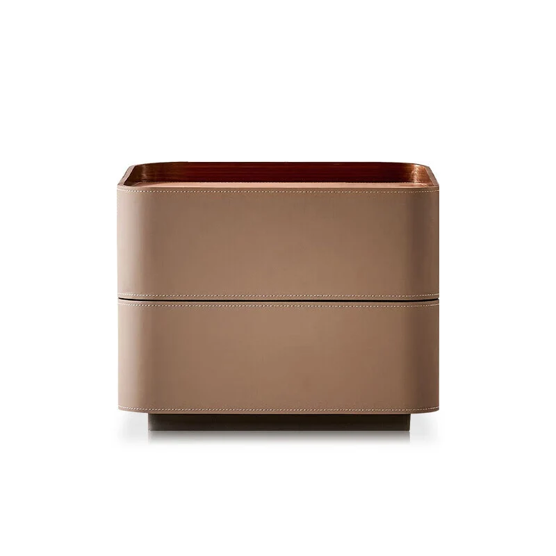 Modern Luxury Saddle-Style Faux Leather Solid Wood Rounded Square Nightstand With 2 Drawers For Bedroom