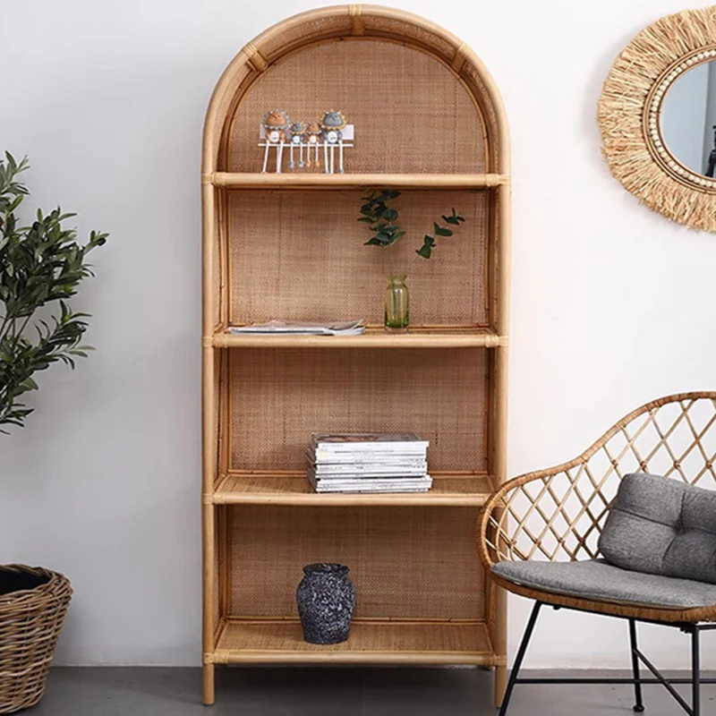 Contemporary Boho Handwoven Indonesian Rattan Solid Wood Storage Shelf - Arched Open 4-Tier Display Cabinet For Living Room