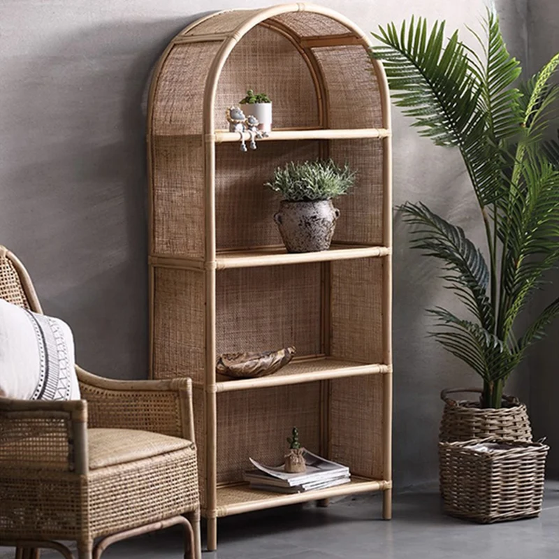 Contemporary Boho Handwoven Indonesian Rattan Solid Wood Storage Shelf - Arched Open 4-Tier Display Cabinet For Living Room