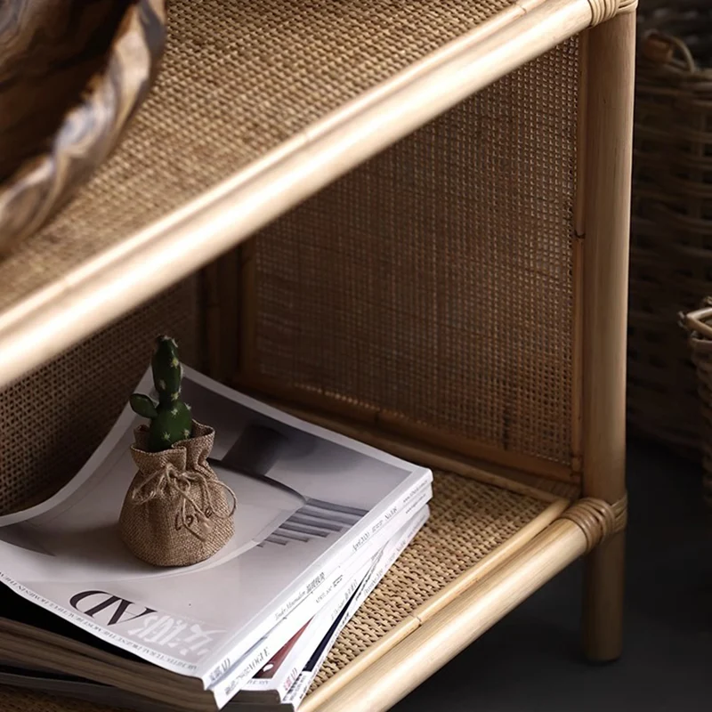 Contemporary Boho Handwoven Indonesian Rattan Solid Wood Storage Shelf - Arched Open 4-Tier Display Cabinet For Living Room