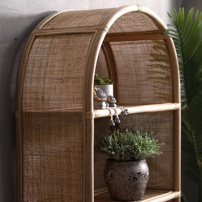 Contemporary Boho Handwoven Indonesian Rattan Solid Wood Storage Shelf - Arched Open 4-Tier Display Cabinet For Living Room