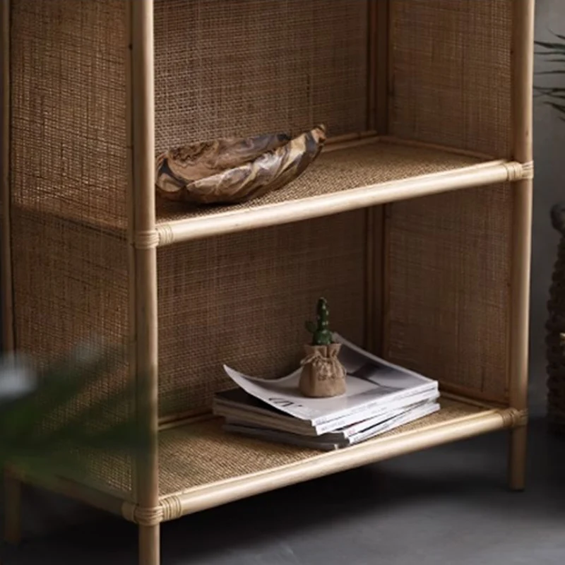 Contemporary Boho Handwoven Indonesian Rattan Solid Wood Storage Shelf - Arched Open 4-Tier Display Cabinet For Living Room