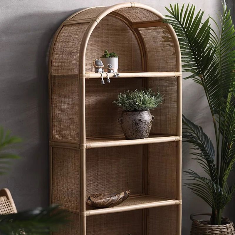 Contemporary Boho Handwoven Indonesian Rattan Solid Wood Storage Shelf - Arched Open 4-Tier Display Cabinet For Living Room