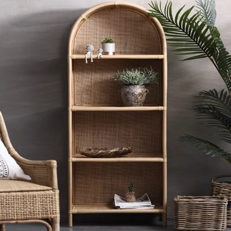 Contemporary Boho Handwoven Indonesian Rattan Solid Wood Storage Shelf - Arched Open 4-Tier Display Cabinet For Living Room