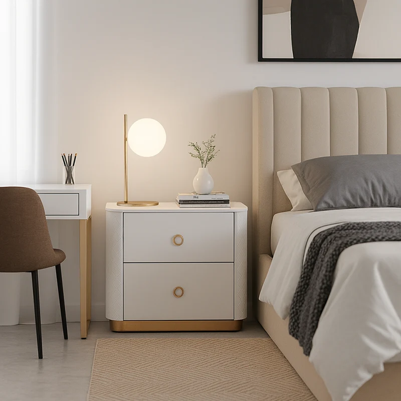 Modern Luxury 2-Drawer Quilted Leather Nightstand - Gold Base & Marble Top Glam Diamond Stitching Bedside Table For Bedroom