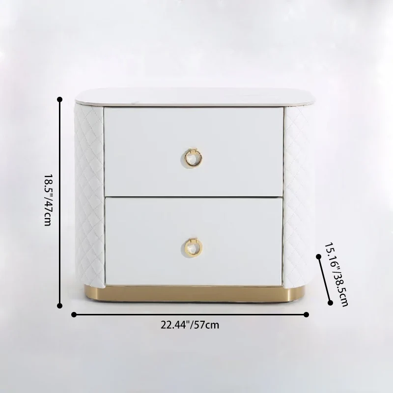 Modern Luxury 2-Drawer Quilted Leather Nightstand - Gold Base & Marble Top Glam Diamond Stitching Bedside Table For Bedroom