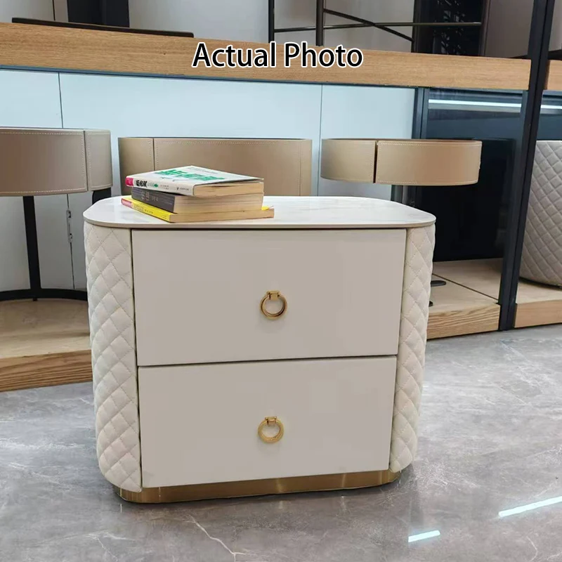 Modern Luxury 2-Drawer Quilted Leather Nightstand - Gold Base & Marble Top Glam Diamond Stitching Bedside Table For Bedroom