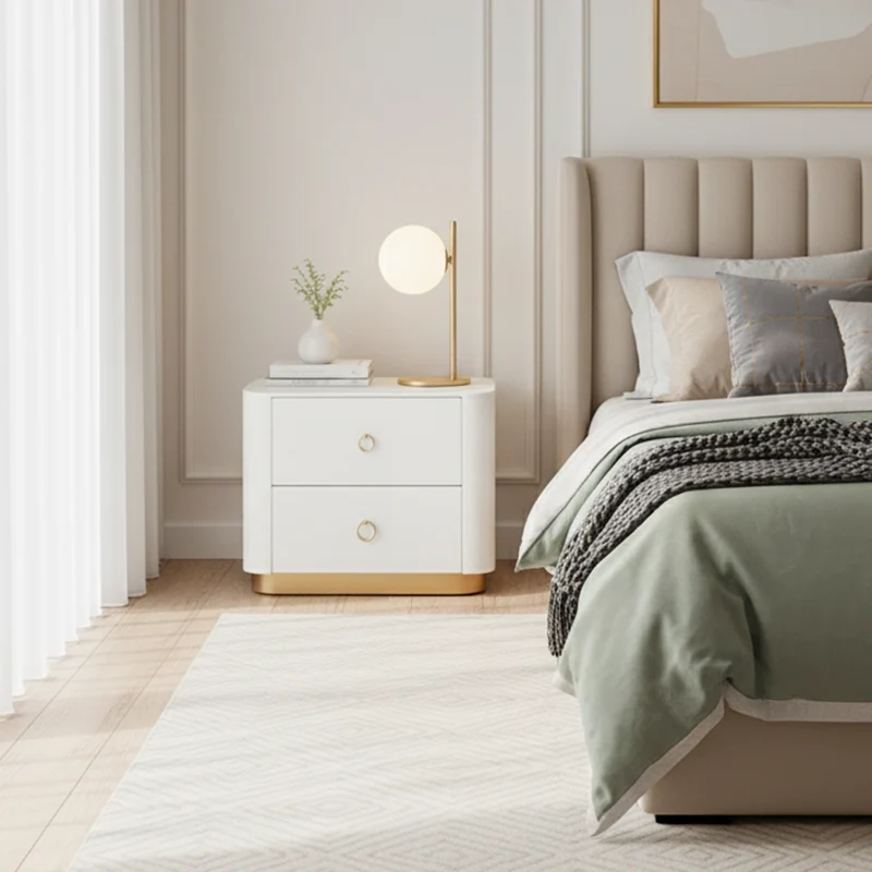 Modern Luxury 2-Drawer Quilted Leather Nightstand - Gold Base & Marble Top Glam Diamond Stitching Bedside Table For Bedroom