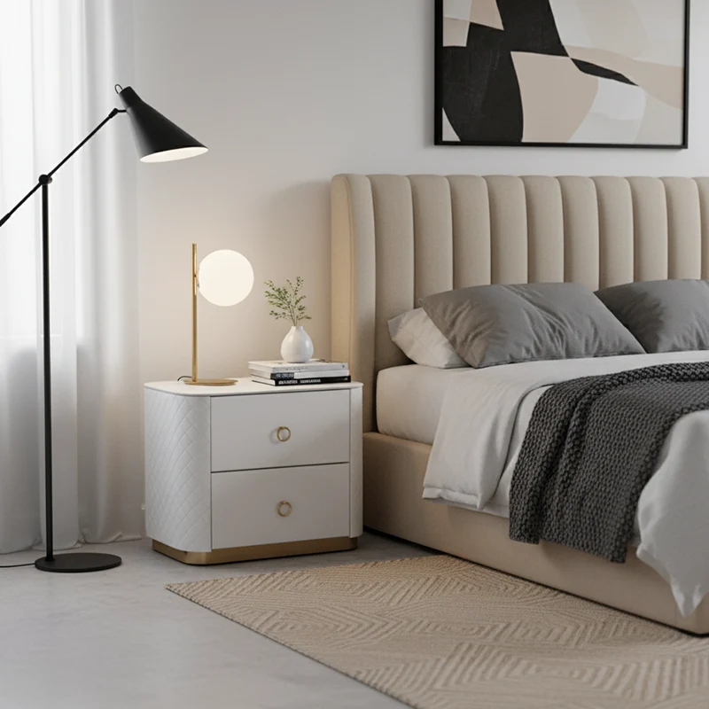 Modern Luxury 2-Drawer Quilted Leather Nightstand - Gold Base & Marble Top Glam Diamond Stitching Bedside Table For Bedroom