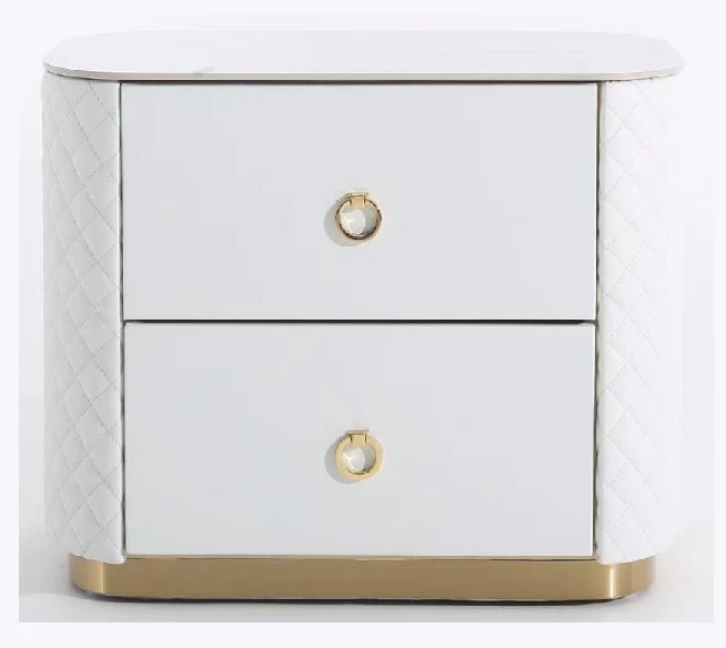 Modern Luxury 2-Drawer Quilted Leather Nightstand - Gold Base & Marble Top Glam Diamond Stitching Bedside Table For Bedroom