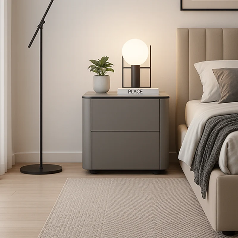 Modern Minimalist 2-Drawer Faux Leather Nightstand - Handleless Design & Black Glass Top Rounded Corner Bedside Table For Bedroom