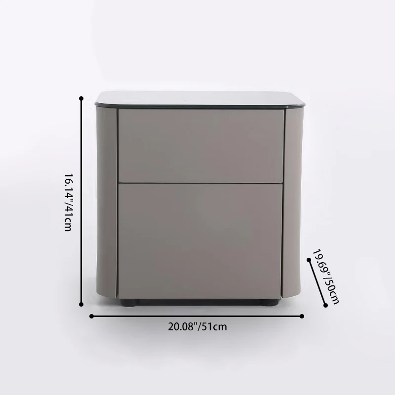 Modern Minimalist 2-Drawer Faux Leather Nightstand - Handleless Design & Black Glass Top Rounded Corner Bedside Table For Bedroom