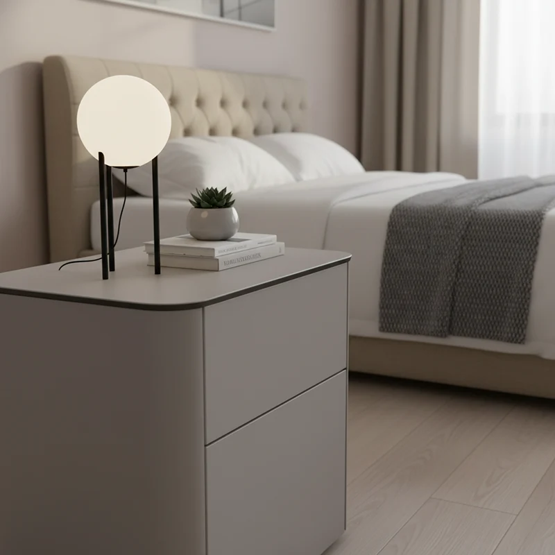 Modern Minimalist 2-Drawer Faux Leather Nightstand - Handleless Design & Black Glass Top Rounded Corner Bedside Table For Bedroom