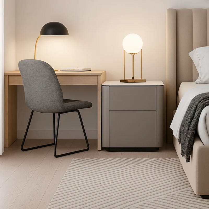 Modern Minimalist 2-Drawer Faux Leather Nightstand - Handleless Design & Black Glass Top Rounded Corner Bedside Table For Bedroom