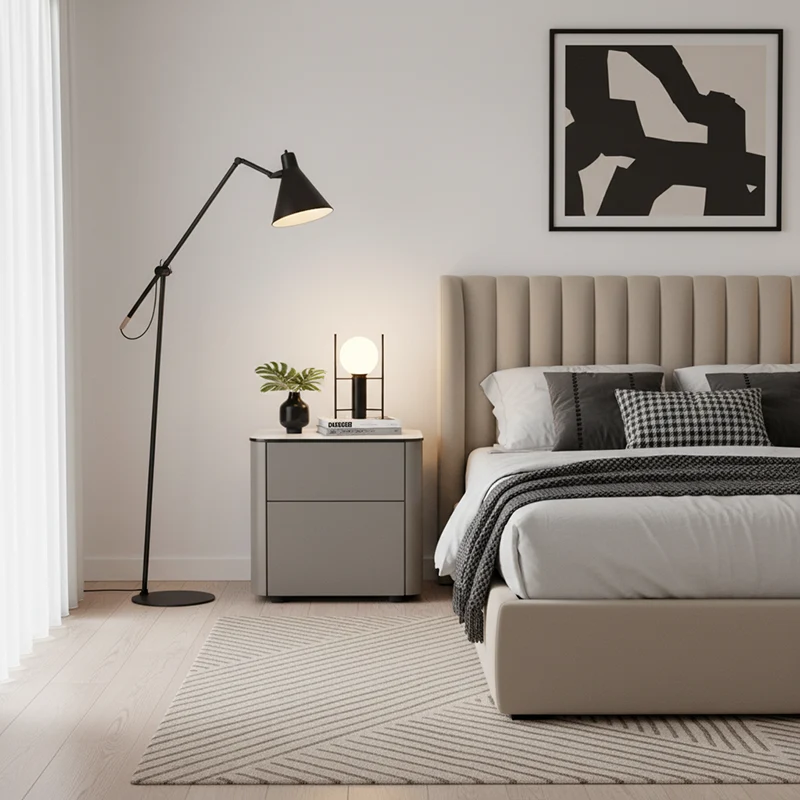 Modern Minimalist 2-Drawer Faux Leather Nightstand - Handleless Design & Black Glass Top Rounded Corner Bedside Table For Bedroom