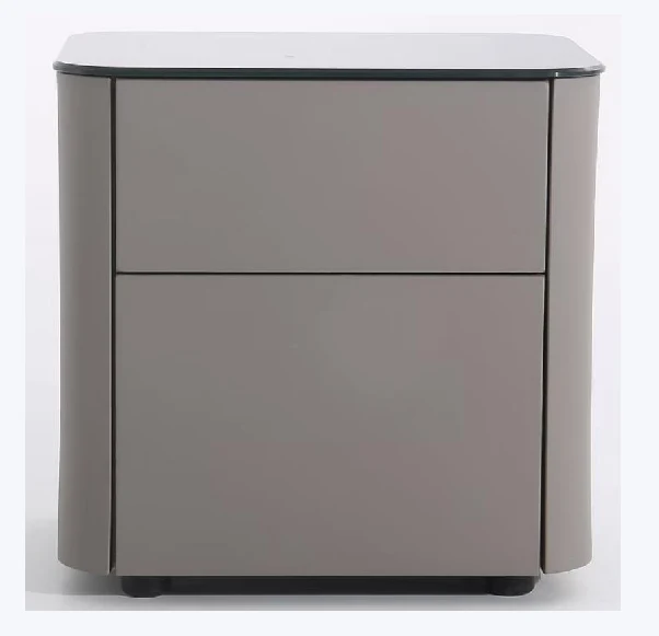 Modern Minimalist 2-Drawer Faux Leather Nightstand - Handleless Design & Black Glass Top Rounded Corner Bedside Table For Bedroom