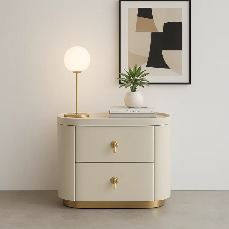 Contemporary Luxury 2-Drawer Oval Faux Leather Nightstand - Marble Top & Brass Pulls Retro Chic Gold Base Bedside Table For Bedroom