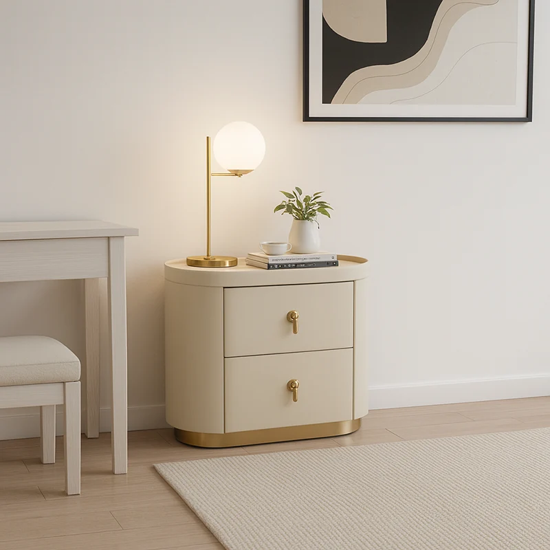 Contemporary Luxury 2-Drawer Oval Faux Leather Nightstand - Marble Top & Brass Pulls Retro Chic Gold Base Bedside Table For Bedroom