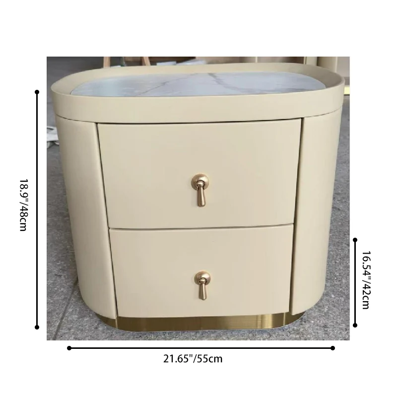 Contemporary Luxury 2-Drawer Oval Faux Leather Nightstand - Marble Top & Brass Pulls Retro Chic Gold Base Bedside Table For Bedroom