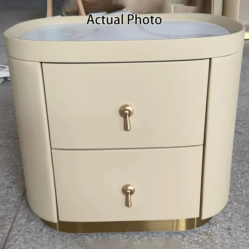 Contemporary Luxury 2-Drawer Oval Faux Leather Nightstand - Marble Top & Brass Pulls Retro Chic Gold Base Bedside Table For Bedroom