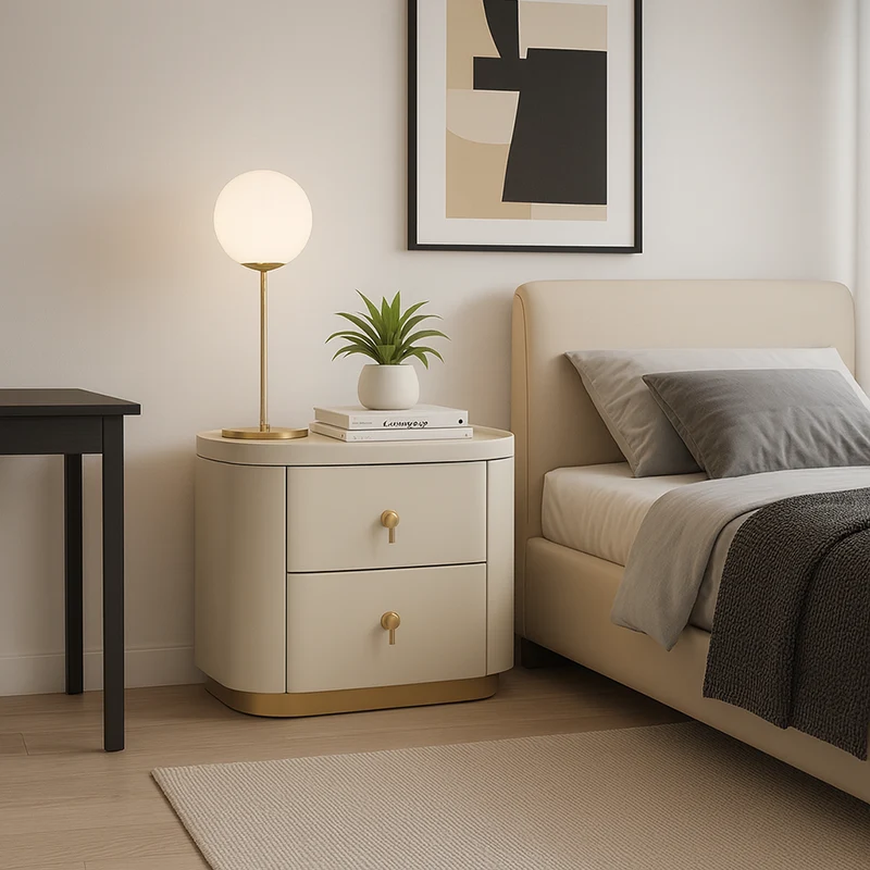 Contemporary Luxury 2-Drawer Oval Faux Leather Nightstand - Marble Top & Brass Pulls Retro Chic Gold Base Bedside Table For Bedroom