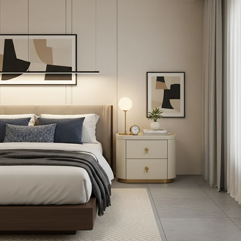 Contemporary Luxury 2-Drawer Oval Faux Leather Nightstand - Marble Top & Brass Pulls Retro Chic Gold Base Bedside Table For Bedroom