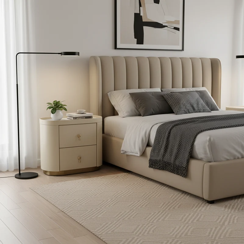 Contemporary Luxury 2-Drawer Oval Faux Leather Nightstand - Marble Top & Brass Pulls Retro Chic Gold Base Bedside Table For Bedroom