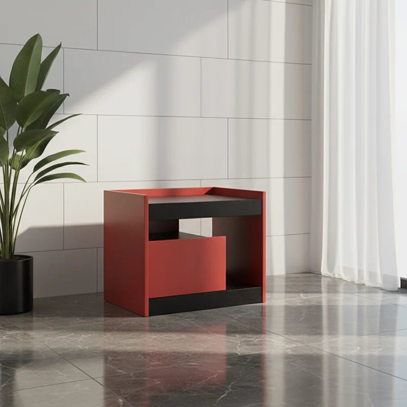 Modern Minimalist Two-Tone Nightstand 1-Drawer - Black Oak & Scarlet Accent Storage Bedside Table For Bedroom