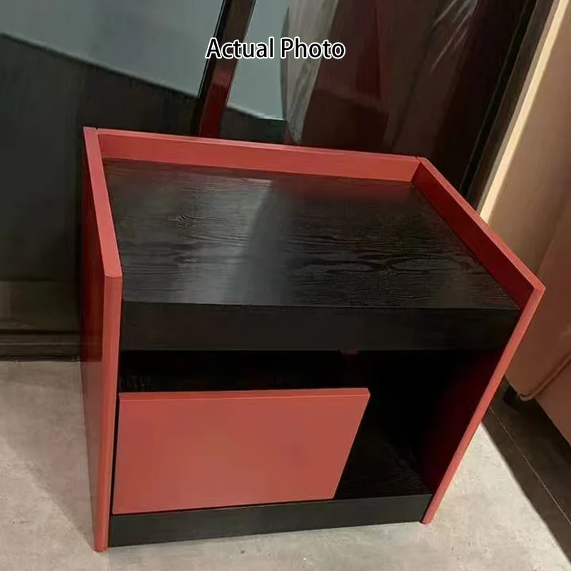 Modern Minimalist Two-Tone Nightstand 1-Drawer - Black Oak & Scarlet Accent Storage Bedside Table For Bedroom