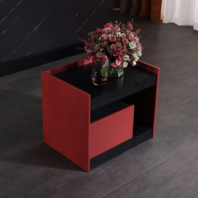 Modern Minimalist Two-Tone Nightstand 1-Drawer - Black Oak & Scarlet Accent Storage Bedside Table For Bedroom