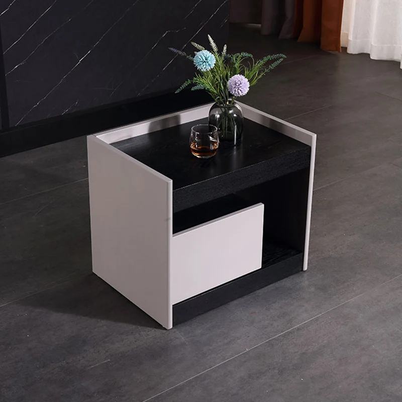 Modern Minimalist Nightstand: Black Oak & Gray Single-Drawer Nightstand - Sleek Matte Finish Storage Bedside Table For Bedroom