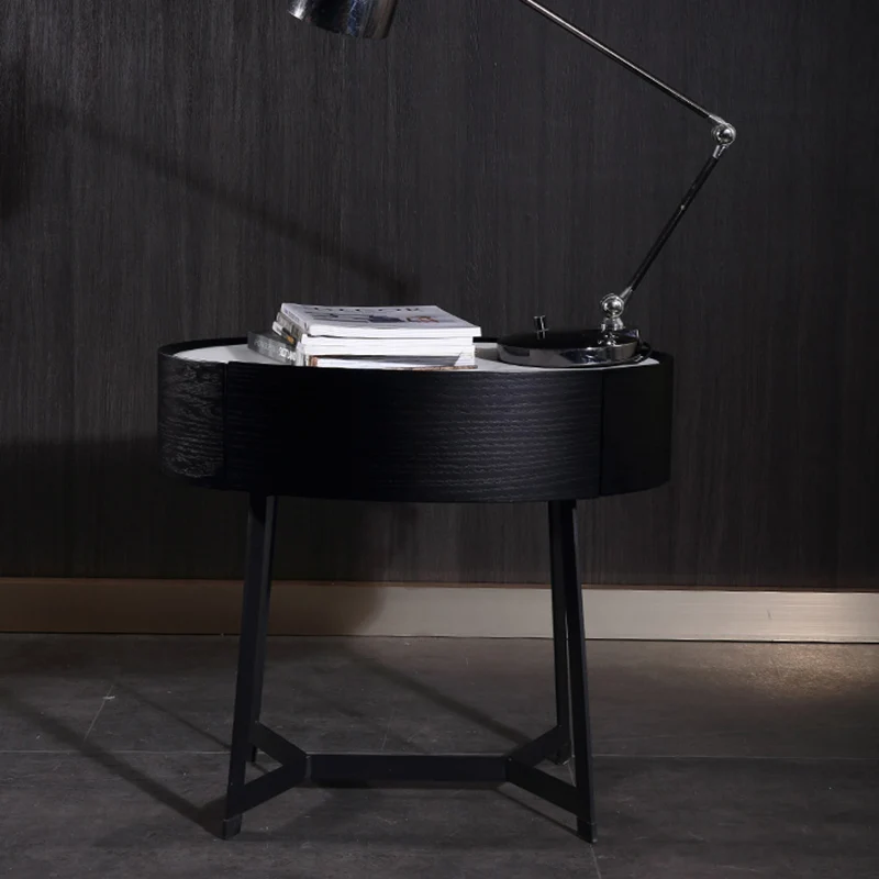 Contemporary Luxury High-Leg Nightstand: Marble Look Sintered Stone - Robot Vacuum Friendly Metal Base 1-Drawer Bedside Table For Bedroom