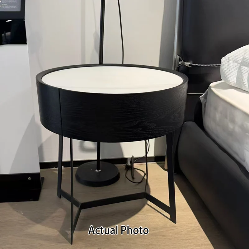 Contemporary Luxury High-Leg Nightstand: Marble Look Sintered Stone - Robot Vacuum Friendly Metal Base 1-Drawer Bedside Table For Bedroom