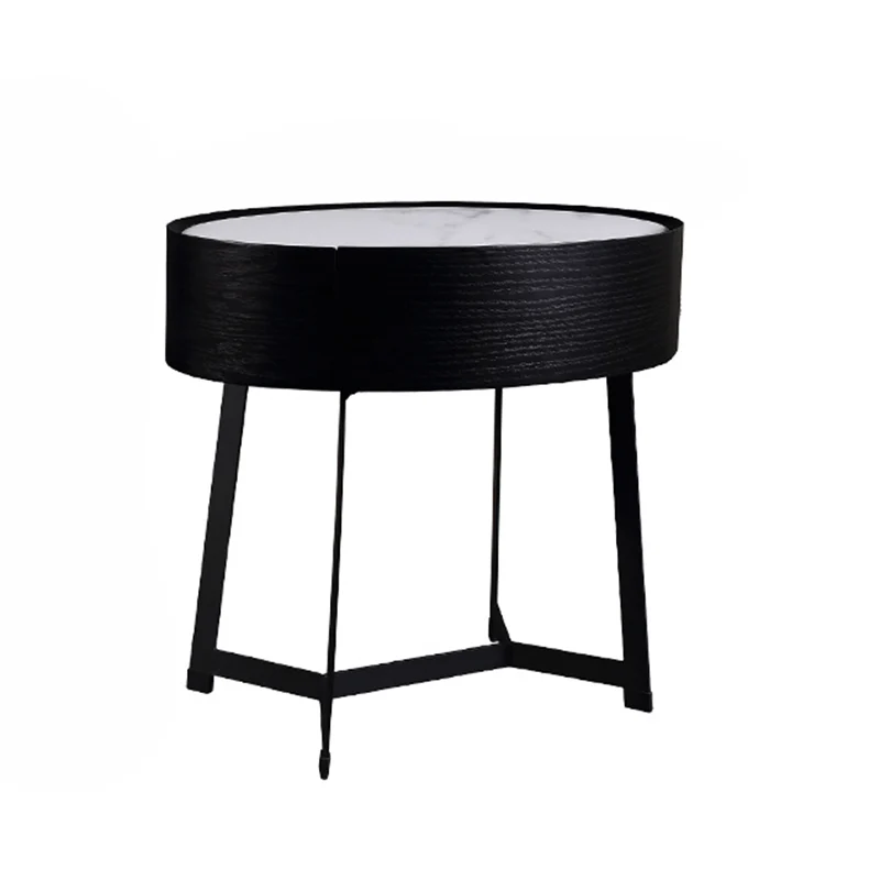 Contemporary Luxury High-Leg Nightstand: Marble Look Sintered Stone - Robot Vacuum Friendly Metal Base 1-Drawer Bedside Table For Bedroom