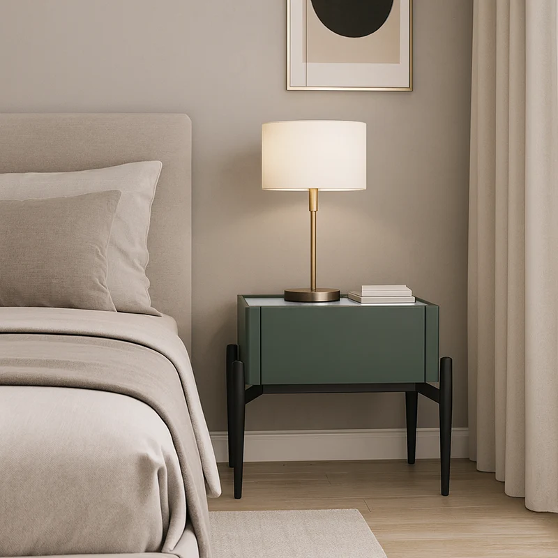 Modern Luxury Dark Green 1-Drawer Nightstand: Stiletto Legs High-End Accent Bedside Table For Bedroom