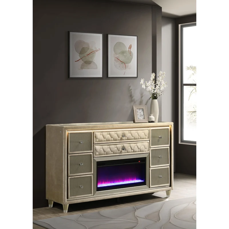 Coaster Furniture Lorient 222663FB 8-drawer LED Bedroom Flame Box Dresser - Ivory Camel