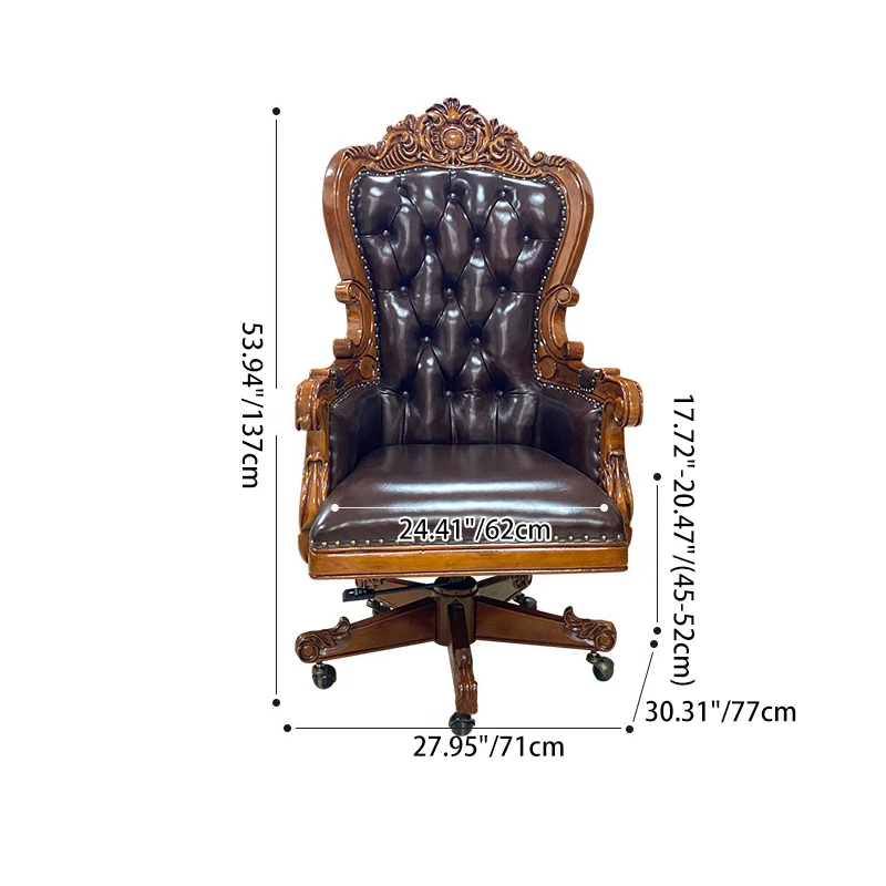 Traditional Vintage Rectangular Top-Grain Semi-Aniline Leather Faux Leather Rubberwood Stainless Steel Backrest Armrest Boss Chair Desk Chair For Home Office