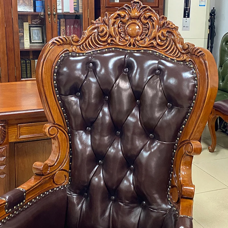 Traditional Vintage Rectangular Top-Grain Semi-Aniline Leather Faux Leather Rubberwood Stainless Steel Backrest Armrest Boss Chair Desk Chair For Home Office