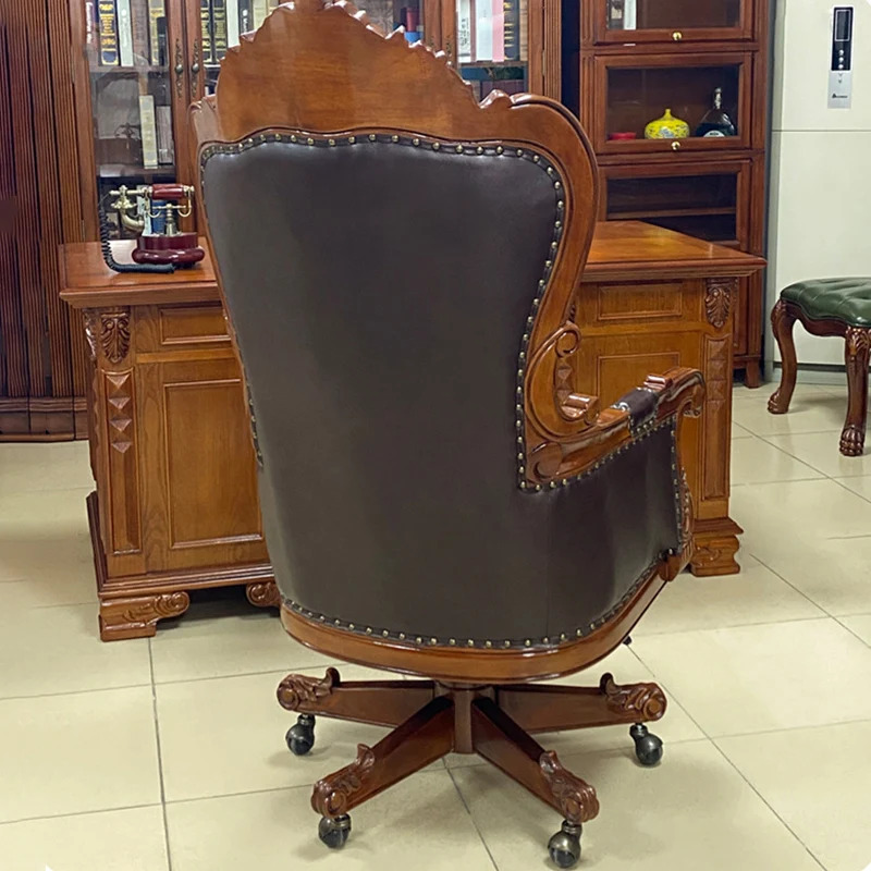 Traditional Vintage Rectangular Top-Grain Semi-Aniline Leather Faux Leather Rubberwood Stainless Steel Backrest Armrest Boss Chair Desk Chair For Home Office