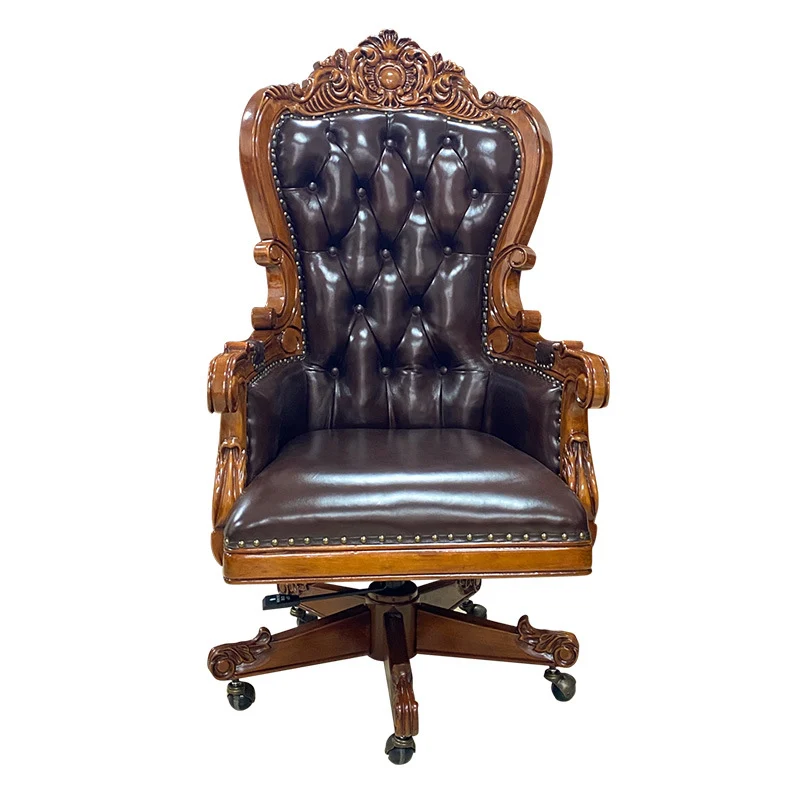 Traditional Vintage Rectangular Top-Grain Semi-Aniline Leather Faux Leather Rubberwood Stainless Steel Backrest Armrest Boss Chair Desk Chair For Home Office