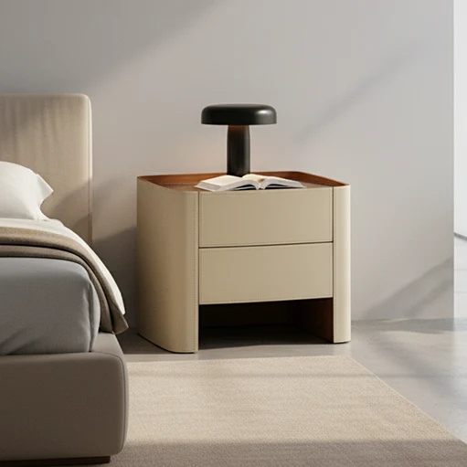 Modern Luxury Beige Nightstand: Floating Design & Saddle-Style Faux Leather Finish - Double Drawer Bedside Table For Bedroom