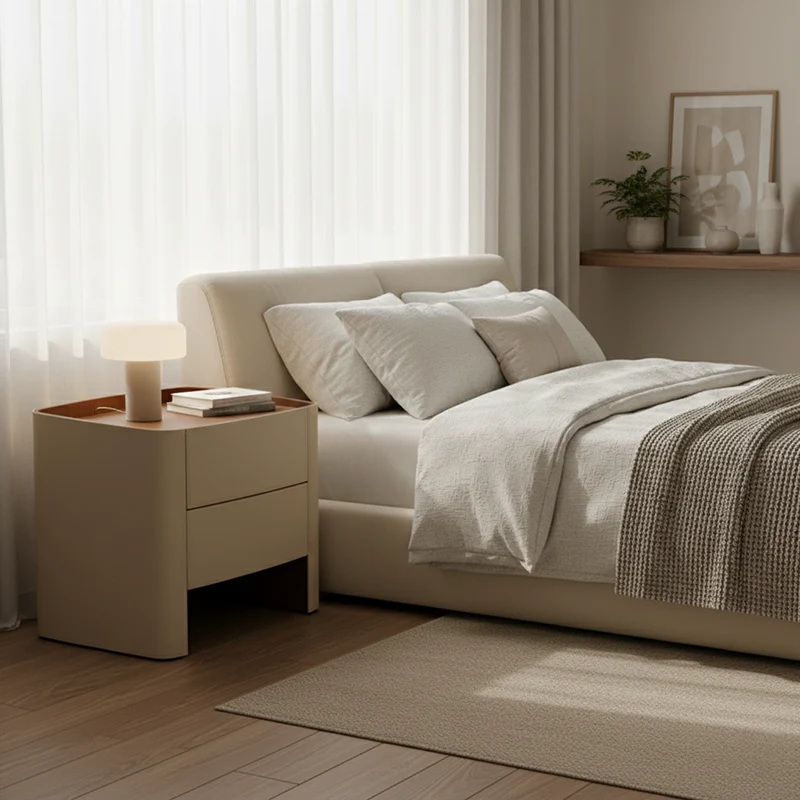 Modern Luxury Beige Nightstand: Floating Design & Saddle-Style Faux Leather Finish - Double Drawer Bedside Table For Bedroom
