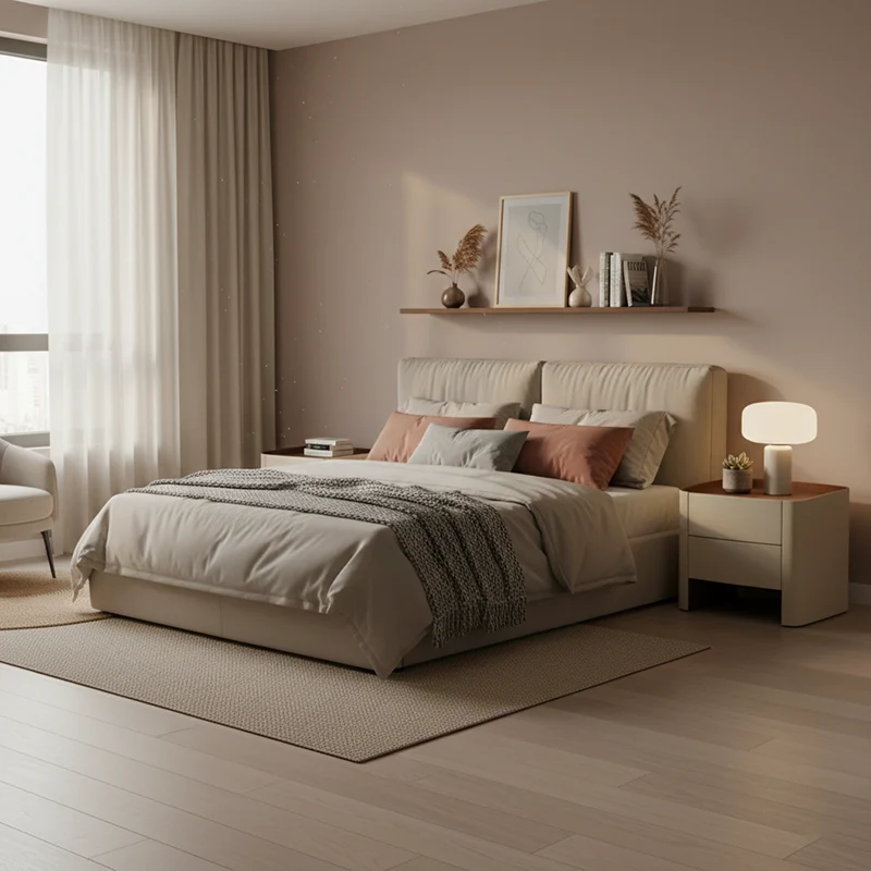 Modern Luxury Beige Nightstand: Floating Design & Saddle-Style Faux Leather Finish - Double Drawer Bedside Table For Bedroom
