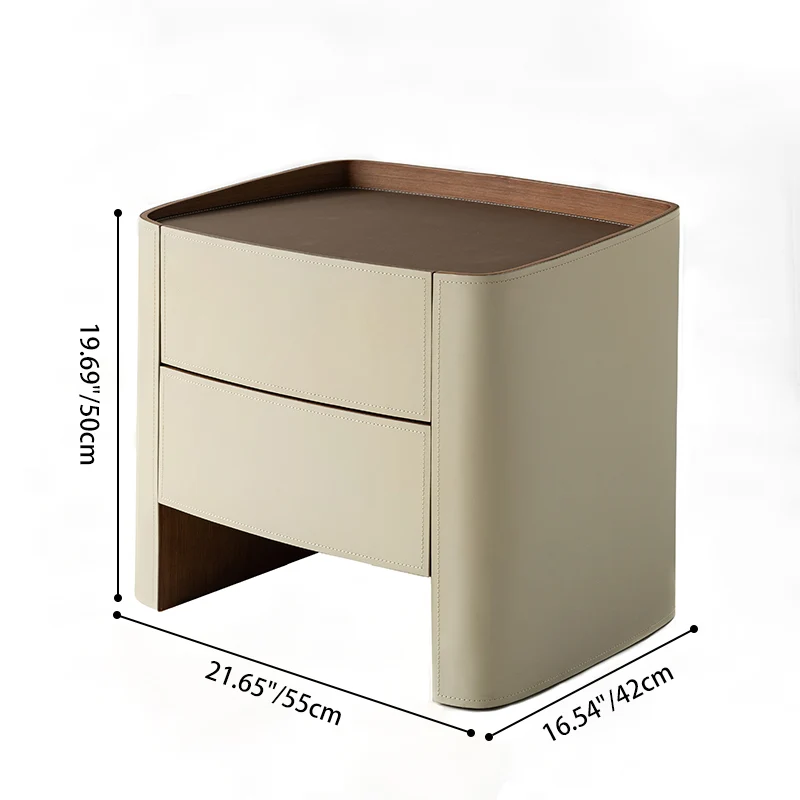 Modern Luxury Beige Nightstand: Floating Design & Saddle-Style Faux Leather Finish - Double Drawer Bedside Table For Bedroom