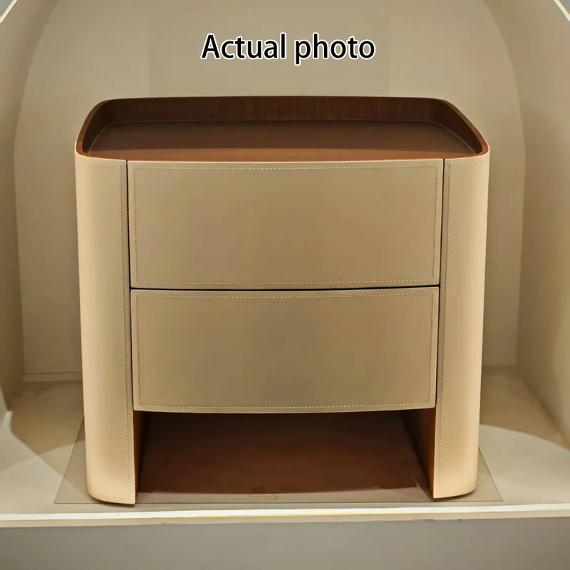 Modern Luxury Beige Nightstand: Floating Design & Saddle-Style Faux Leather Finish - Double Drawer Bedside Table For Bedroom