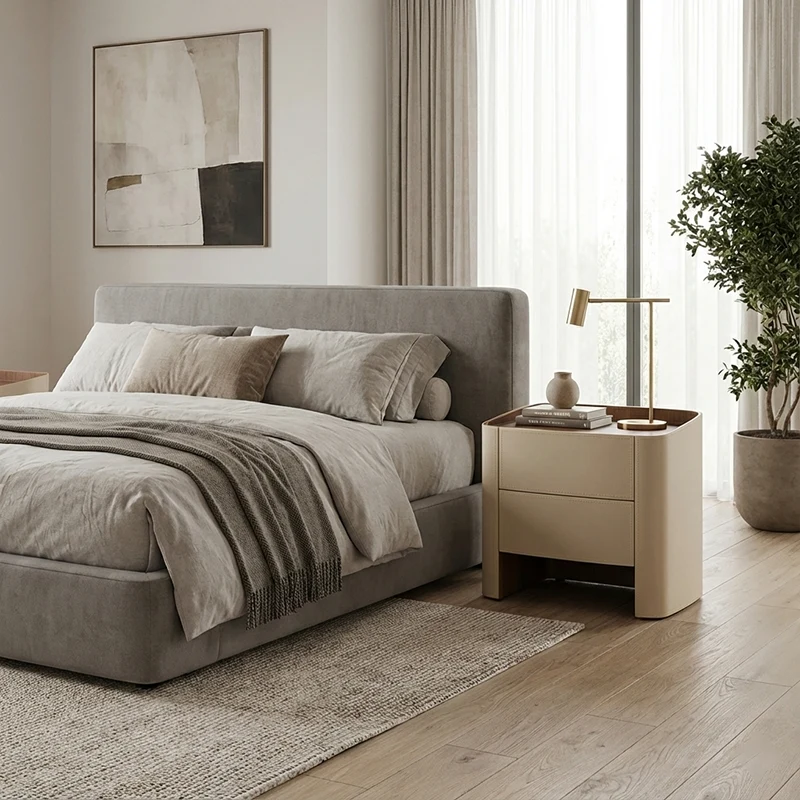 Modern Luxury Beige Nightstand: Floating Design & Saddle-Style Faux Leather Finish - Double Drawer Bedside Table For Bedroom
