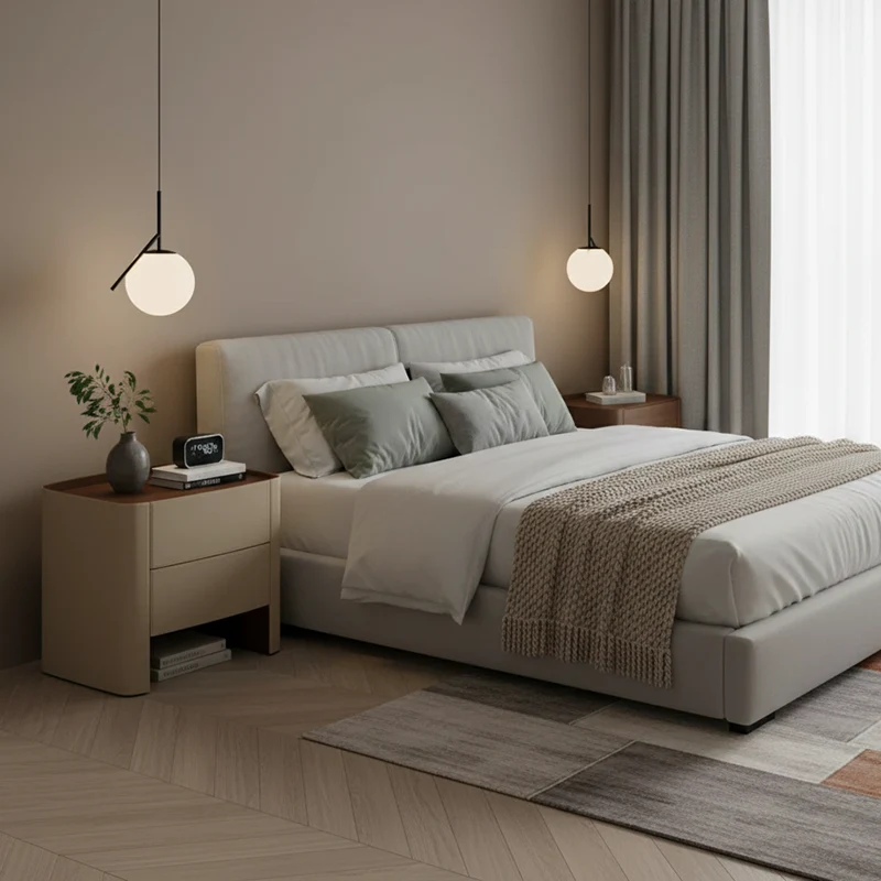 Modern Luxury Beige Nightstand: Floating Design & Saddle-Style Faux Leather Finish - Double Drawer Bedside Table For Bedroom
